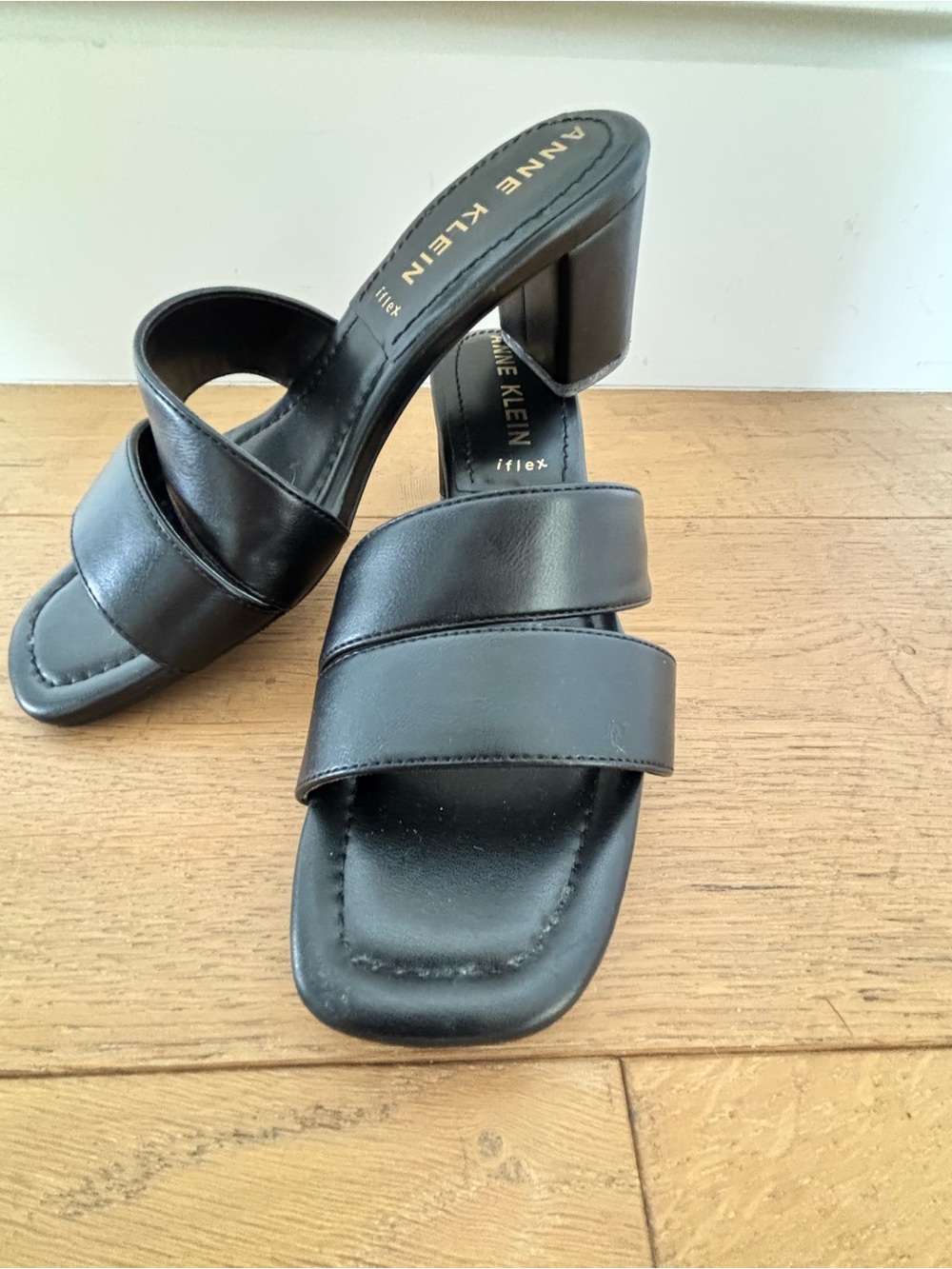 Anne Klein Black Leather Double-Band Block Heel Mules